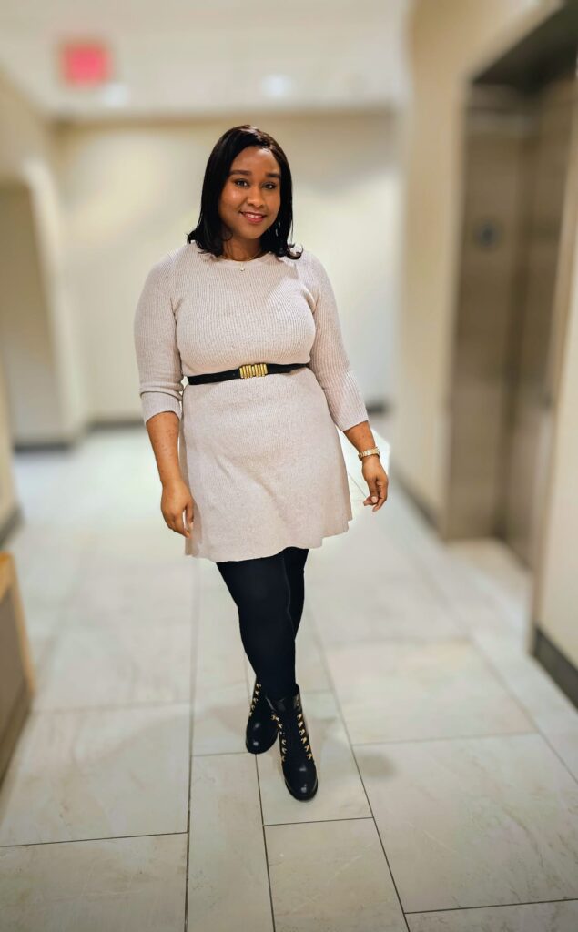 Woman wearing a dress that hugs her curves