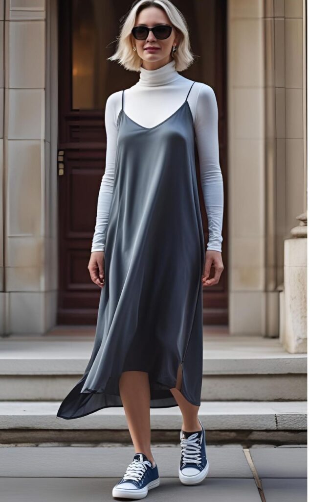 outfit formulas that always work. Turtleneck + Slip Dress + Sneakers = Casual Cool-