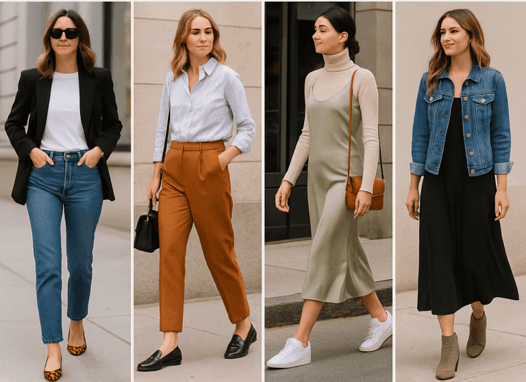 Stylish women over 35 in chic casual outfit combinations, showcasing effortless fashion outfit formulas with text overlay for blog post on soulfulandsophisticated.com"