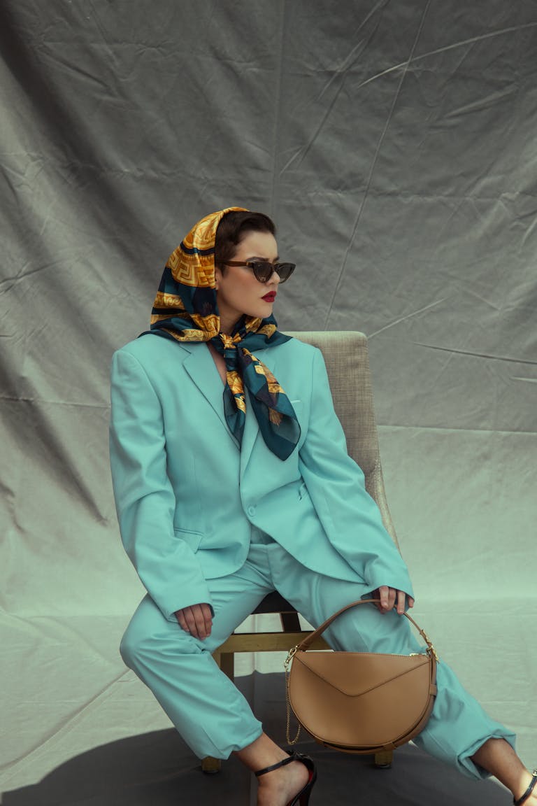 Fashionable Woman 35+ in stylish outfit in a blue suit and scarf seated, evoking a classy, elegant style. 7 Wardrobe Essentials for Women Over 35 That Make Getting Dressed Effortless .