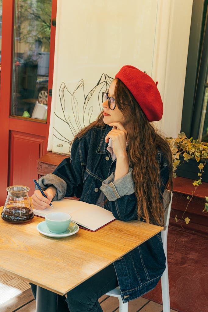 Woman wearing red beret and denim jacket writing in notebook outdoors. Reinvent Yourself After 35