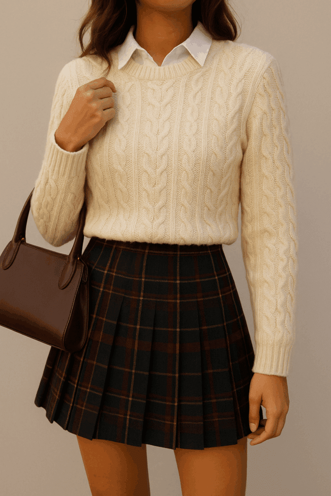 Woman wearing cream knit sweater, preppy fall fashion