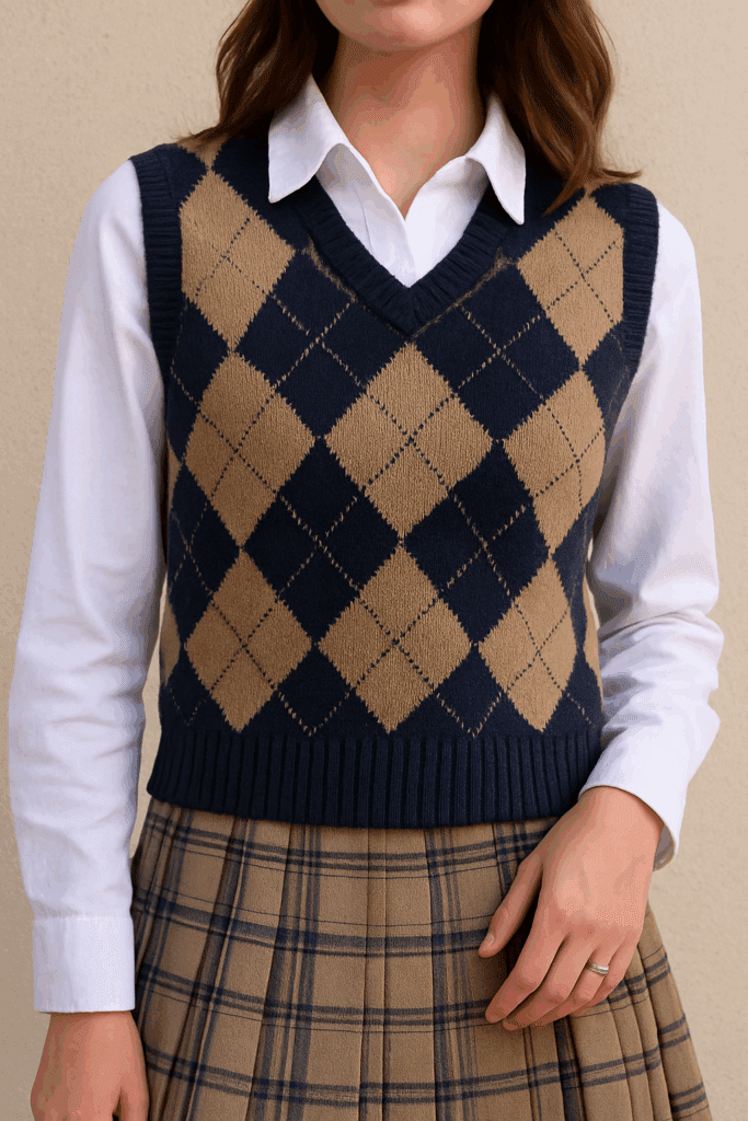 Women styled old money fall preppy look in Argyle vest and white button shirt