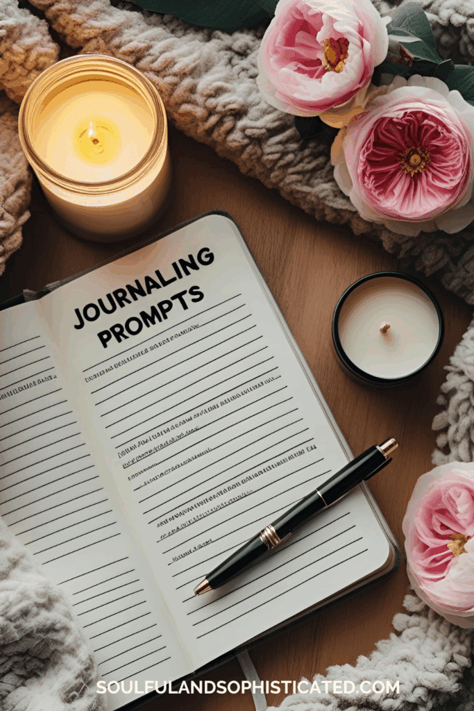 Journaling prompts for healing and self-love with cozy setup, self-care routine with candle and notebook”