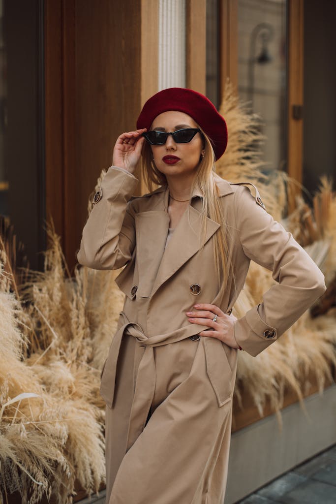 Stylish woman in a trench coat and beret adjusting sunglasses outdoors.