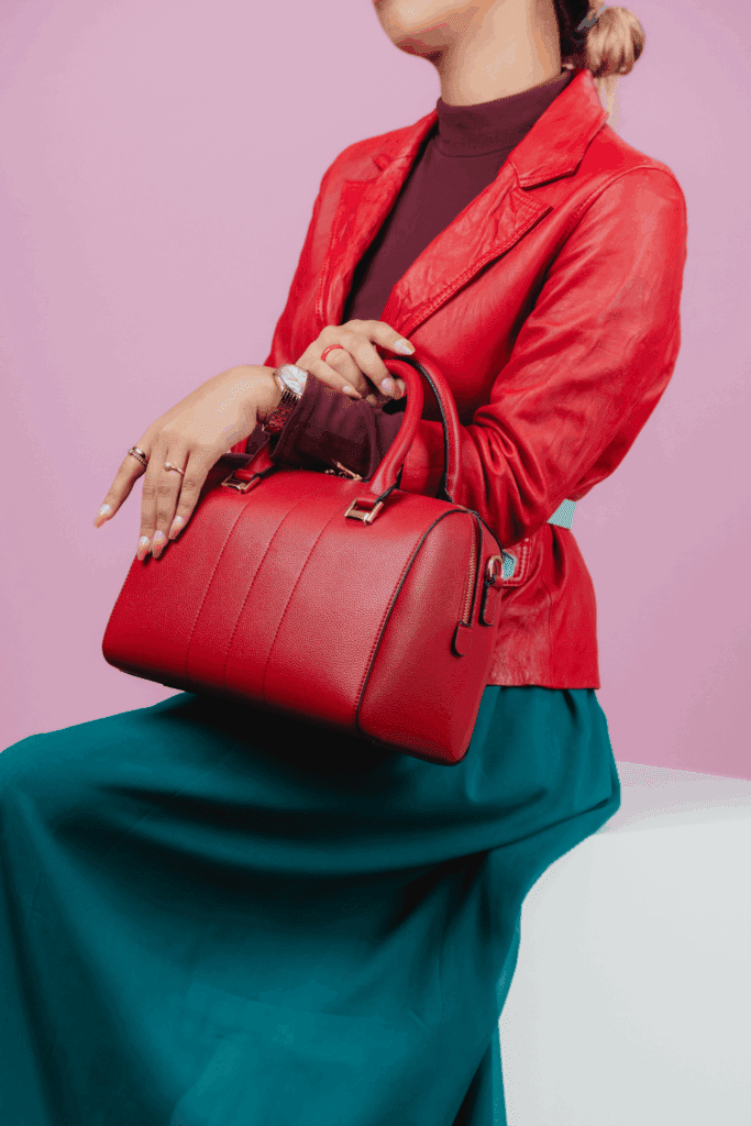 Woman posing fashionable bag accessories that brings joy