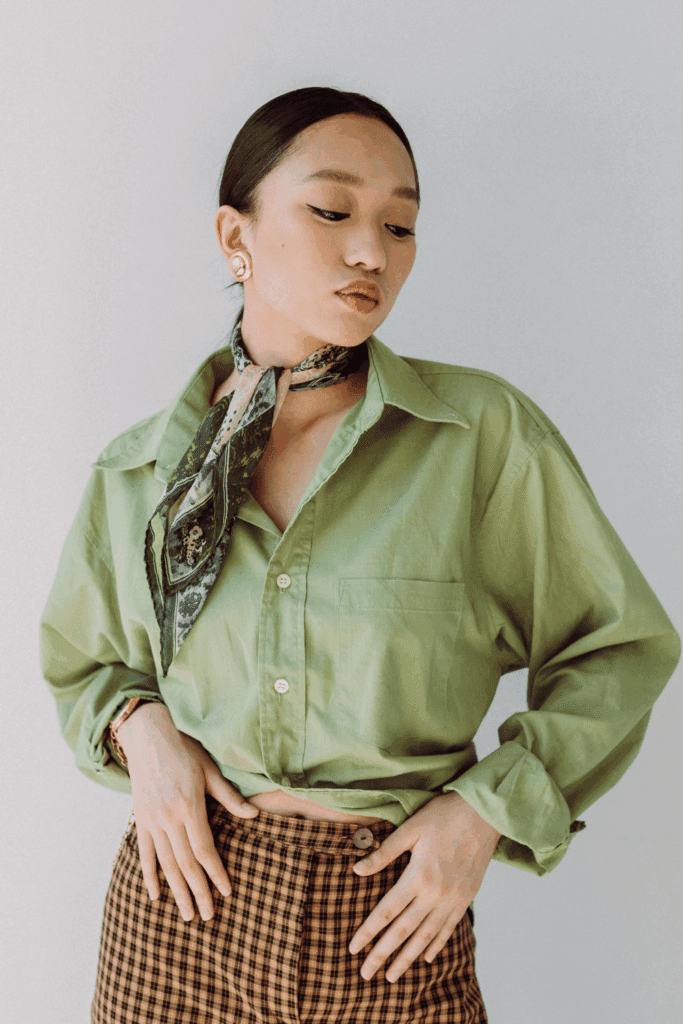 woman modeling scarf accessories that brings joy around neck