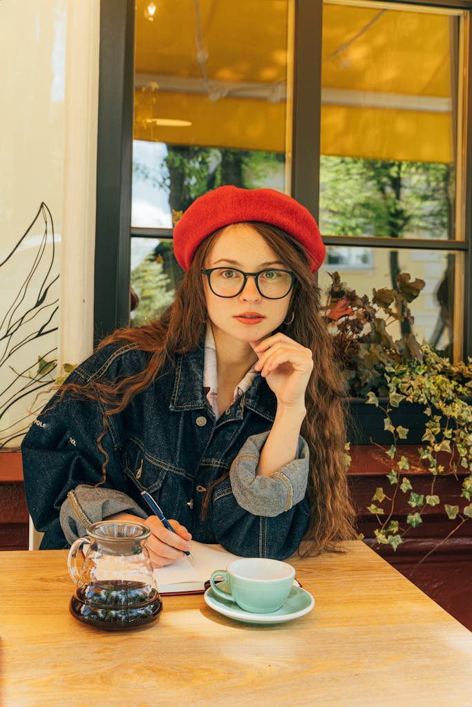 Stylish woman in red beret and glasses sitting at cafe table with coffee and notebook. These lessons are what help you learn how to know if you’re on the right path in life, not by chasing perfection, but by listening to what each season is trying to teach you.