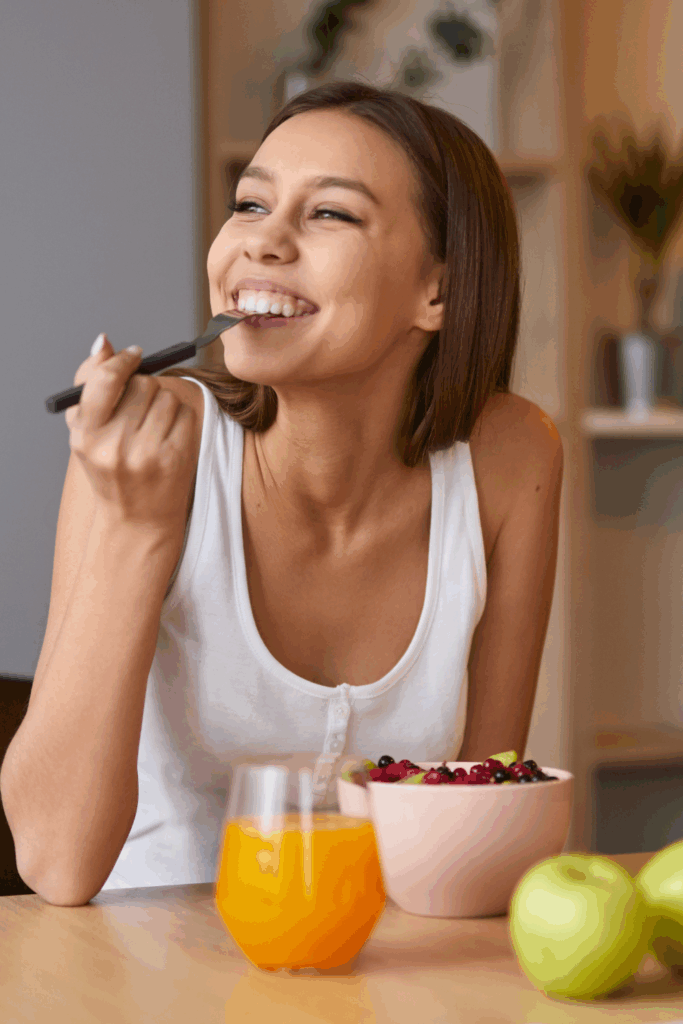 Woman savouring breakfast